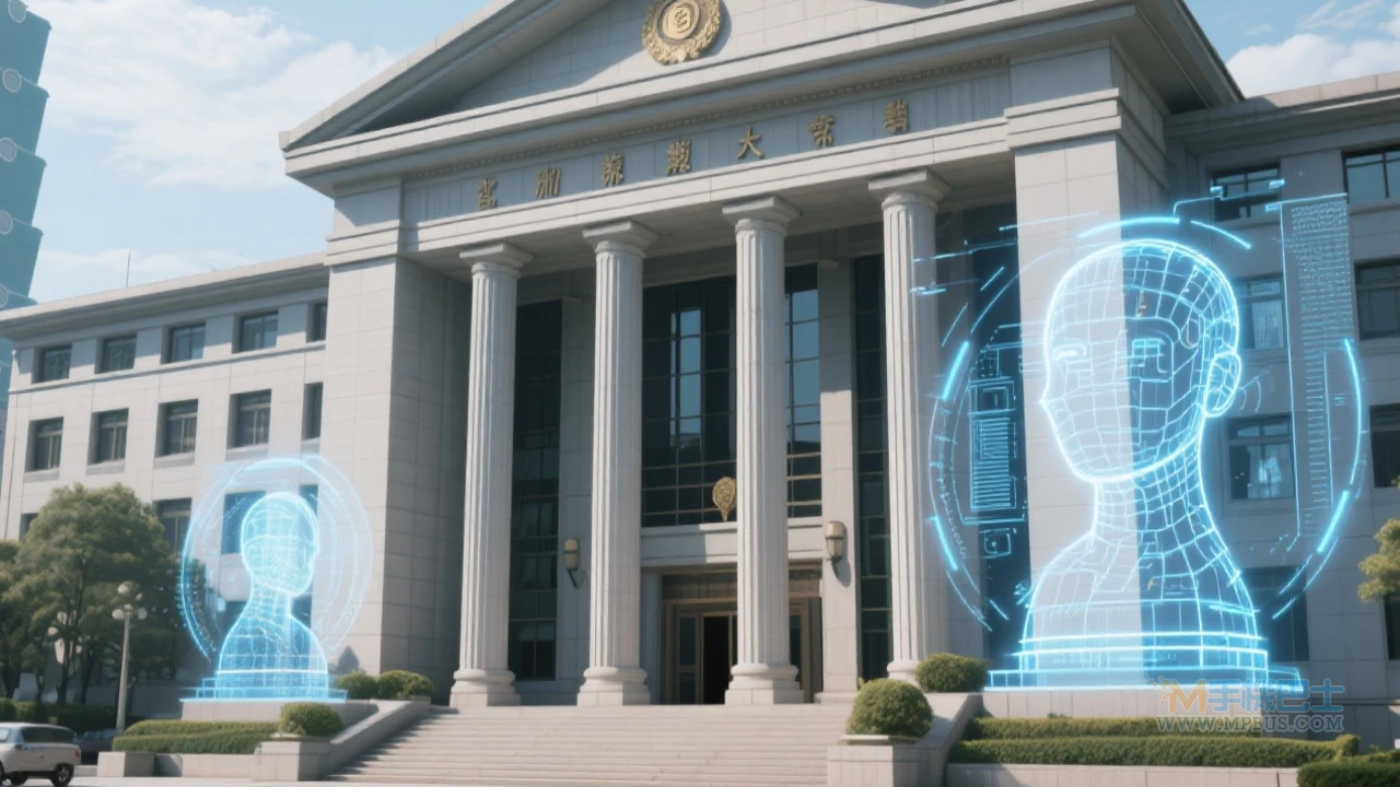 加州舊金山法院外觀與浮動的AI程式碼投影