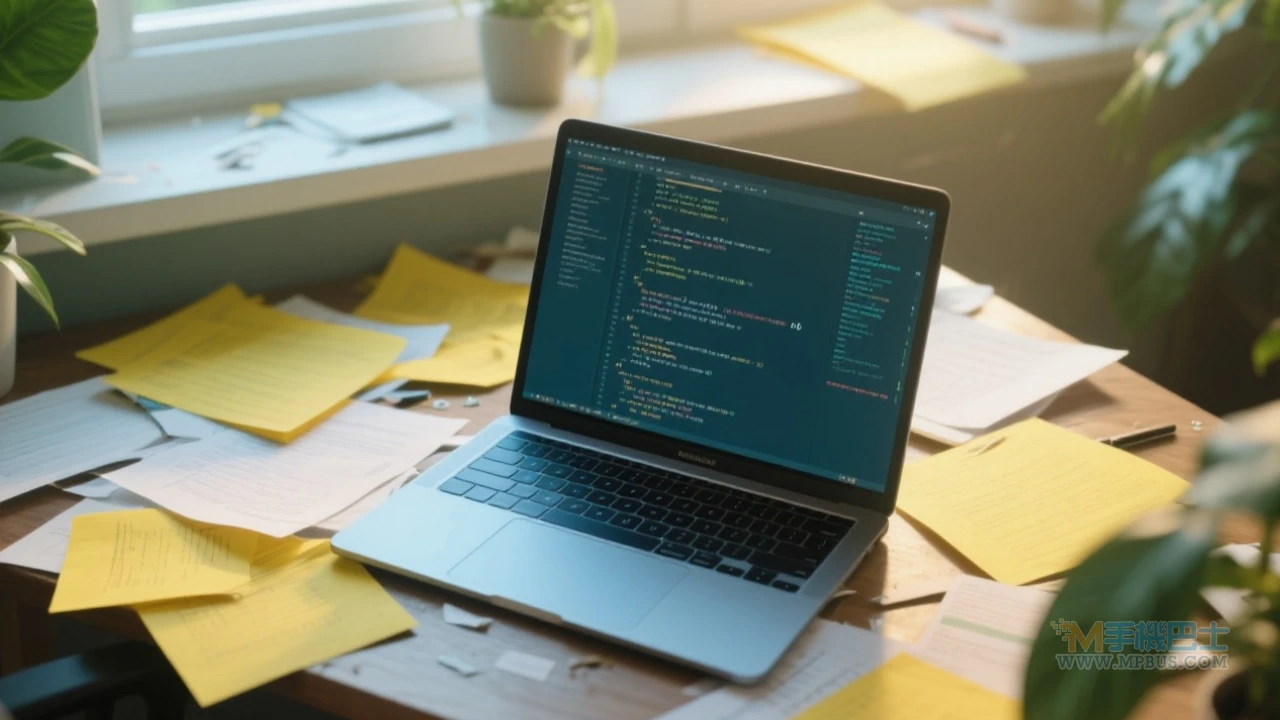 凌亂的筆電桌面與堆積的文件象徵工作壓力